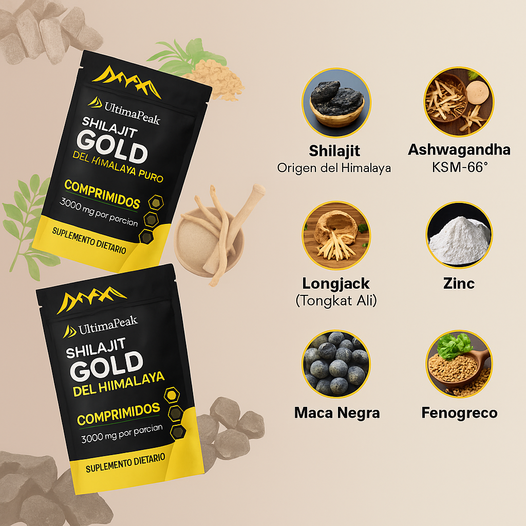 Shilajit Fuerza Total | Más energía, resistencia y vitalidad real en un solo comprimido diario.