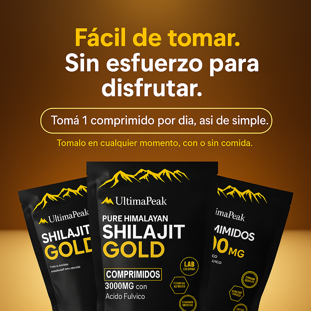 Shilajit Fuerza Total | Más energía, resistencia y vitalidad real en un solo comprimido diario.